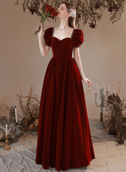 Wine Red Short Sleeves Velvet Sweetheart Party Dress, Velvet Long Formal Dress